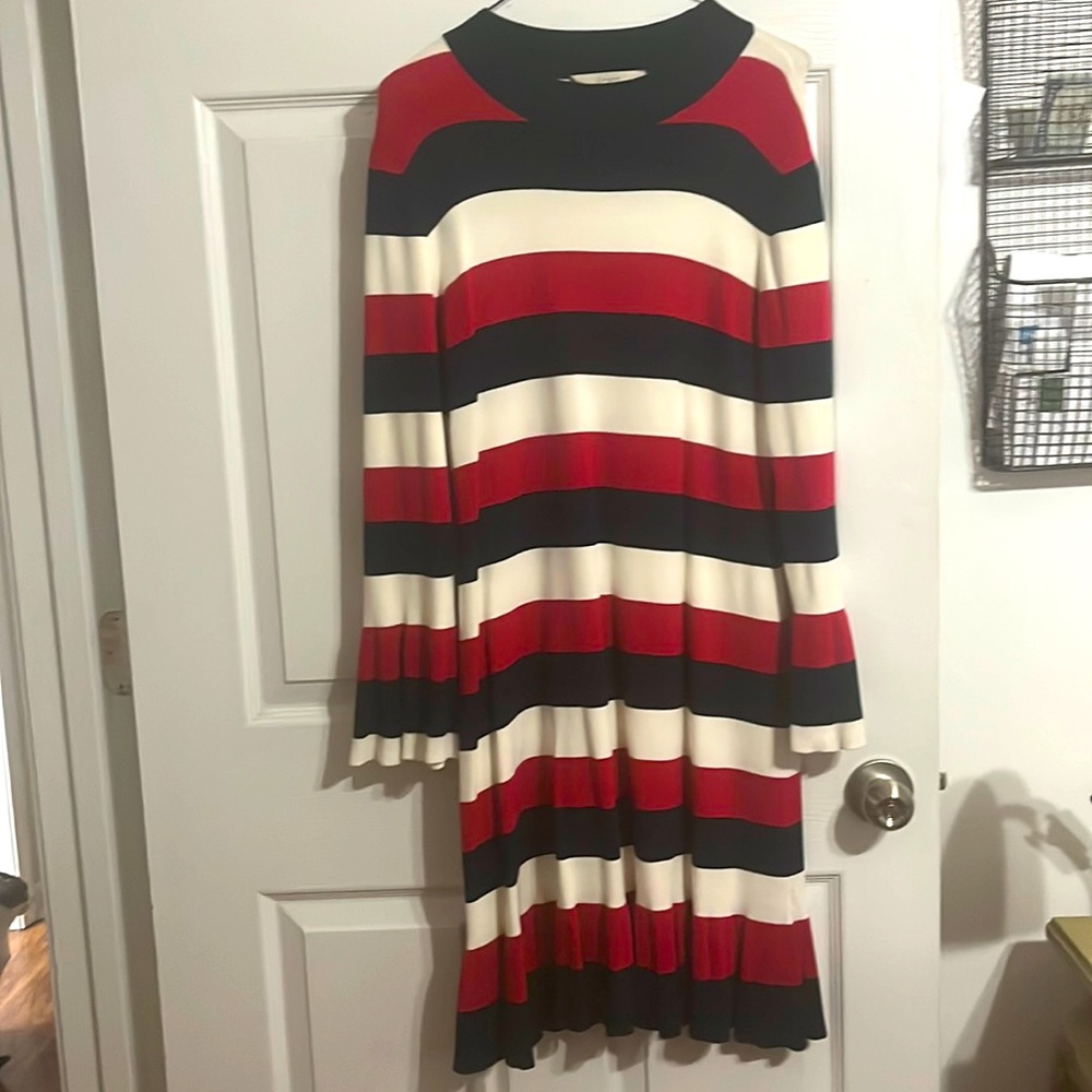 Loft Mock Neck classic striped Sweater Dress - M with bell sleeves
